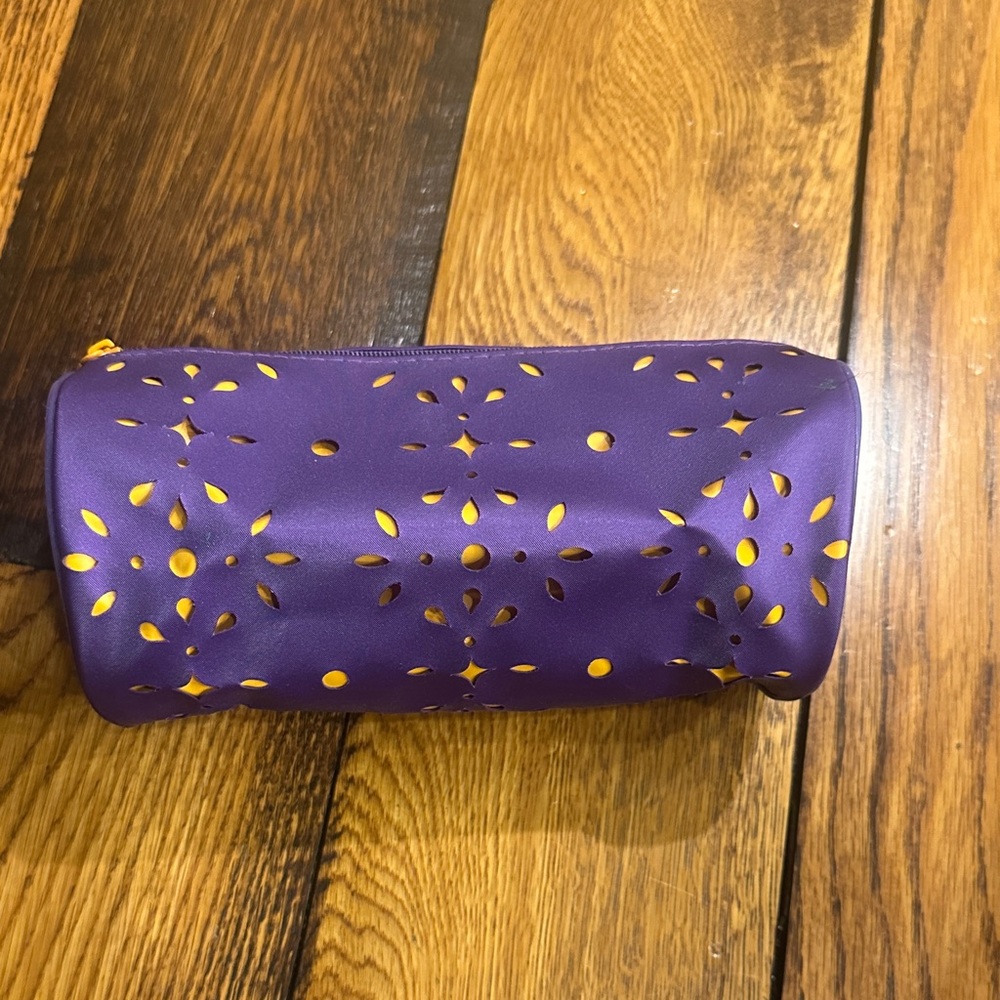 Clinique Purple and Orange New Zippered Cosmetic Bag with Orange Cut Out Accents